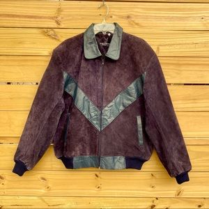 Vintage 80s Suede and Leather Bomber Jacket Blue Large